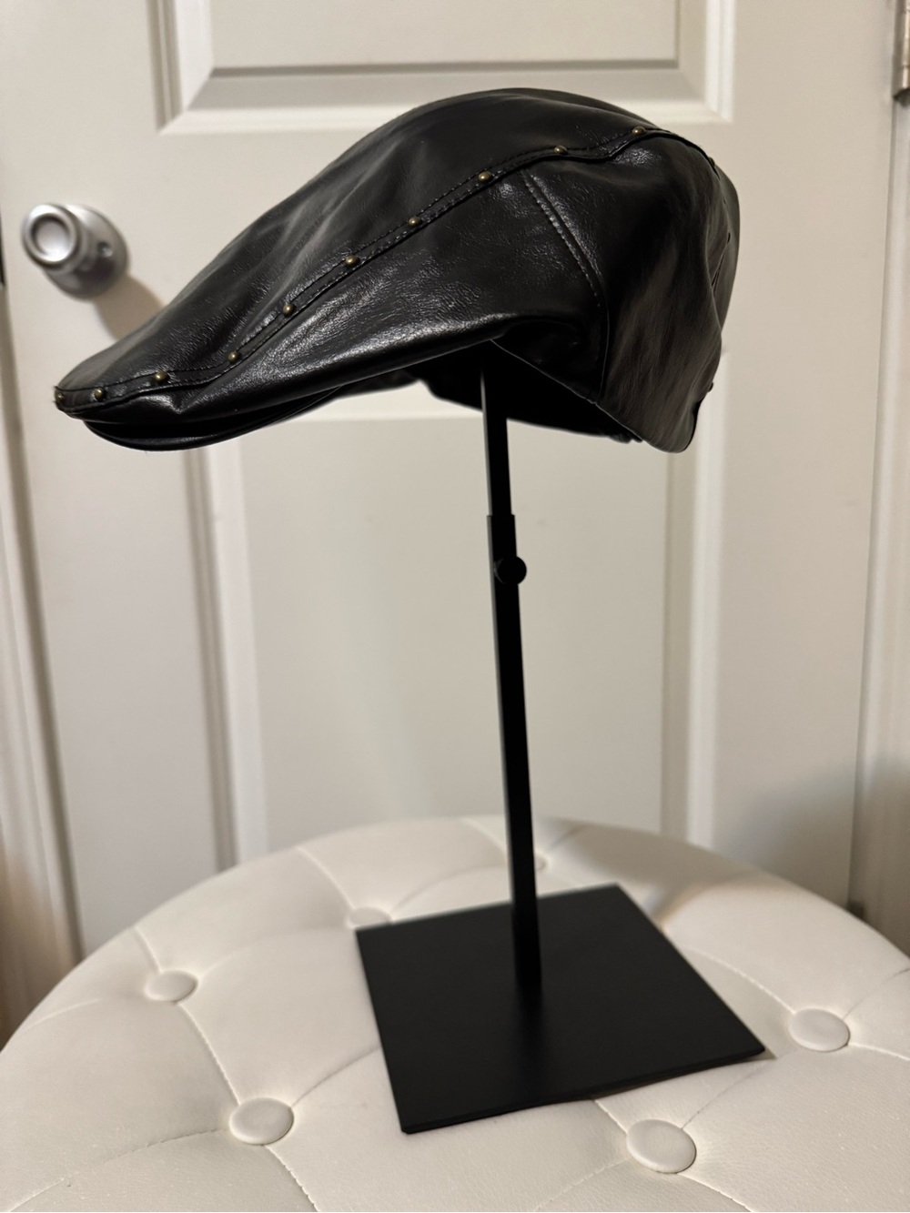 Black Studded Faux Leather Cabbie hat